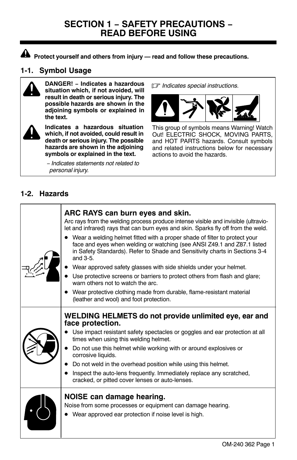 Section 1 − safety precautions −read before using, 1. symbol usage, 2. hazards | 2. hazards arc rays can burn eyes and skin, Noise can damage hearing | Hobart Welding Products HOOD XVX User Manual | Page 3 / 20