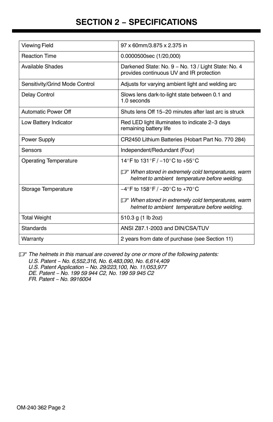 Section 2 − specifications | Hobart Welding Products HOOD XVX User Manual | Page 4 / 20