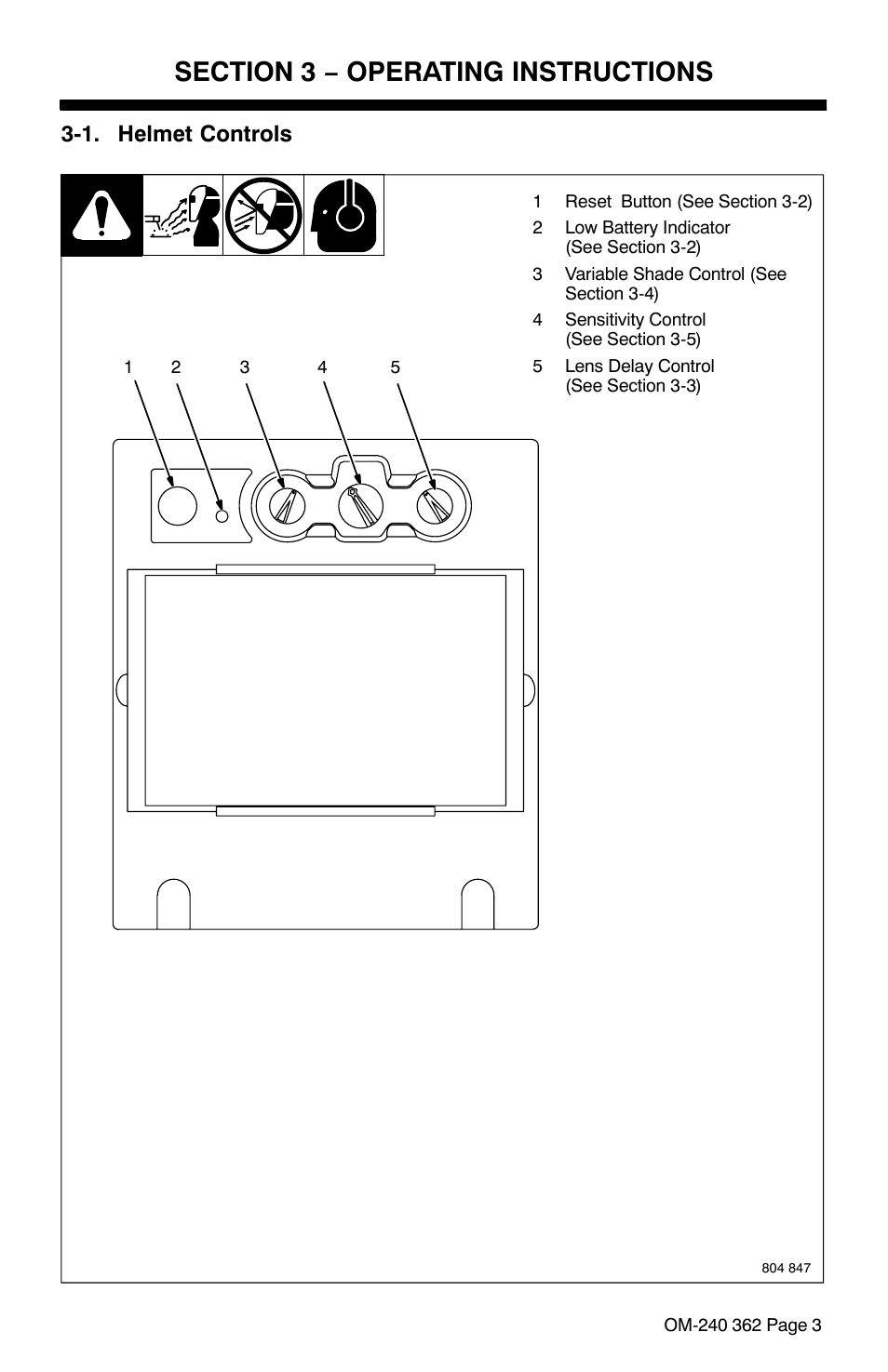 Section 3 − operating instructions, 1. helmet controls | Hobart Welding Products HOOD XVX User Manual | Page 5 / 20