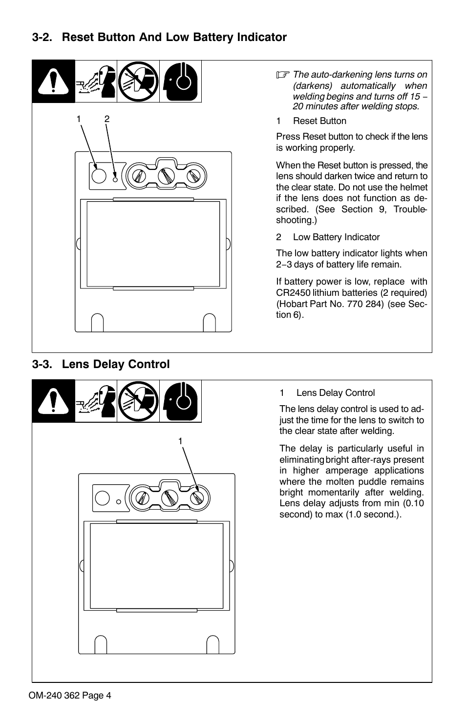 2. reset button and low battery indicator, 3. lens delay control, Section 3-2 | See section 3-2), See section 3-3) | Hobart Welding Products HOOD XVX User Manual | Page 6 / 20