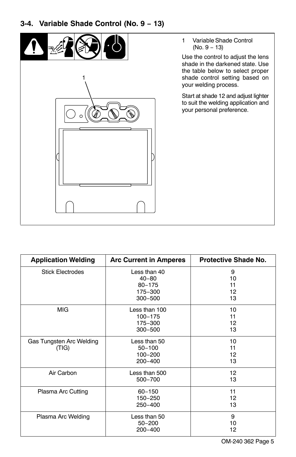 4. variable shade control (no. 9 − 13), Section 3-4 | Hobart Welding Products HOOD XVX User Manual | Page 7 / 20