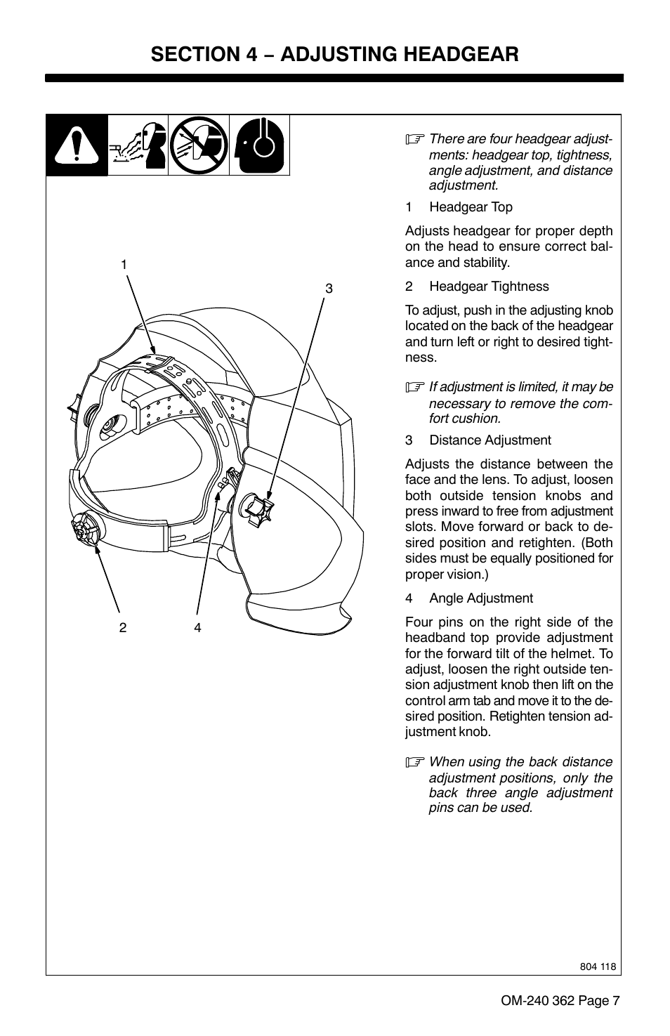 Section 4 − adjusting headgear | Hobart Welding Products HOOD XVX User Manual | Page 9 / 20