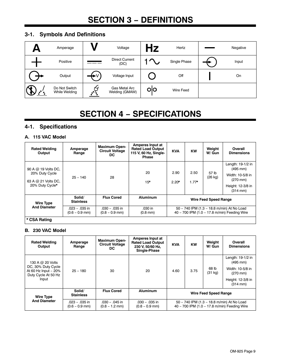Section 3 − definitions, 1. symbols and definitions, Section 4 − specifications | 1. specifications | Hobart Welding Products HANDLER 140 User Manual | Page 13 / 52