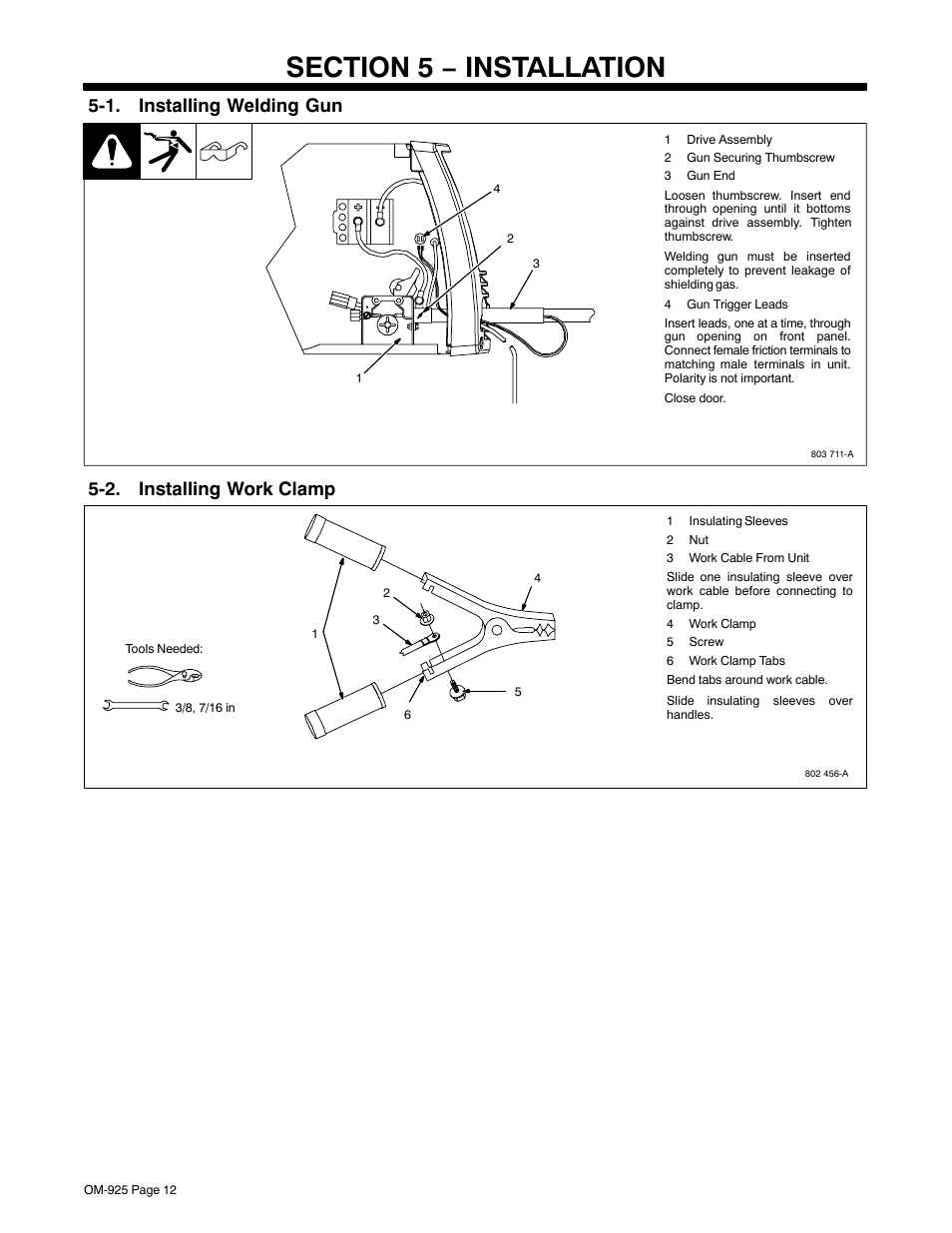 Section 5 − installation, 1. installing welding gun, 2. installing work clamp | Hobart Welding Products HANDLER 140 User Manual | Page 16 / 52