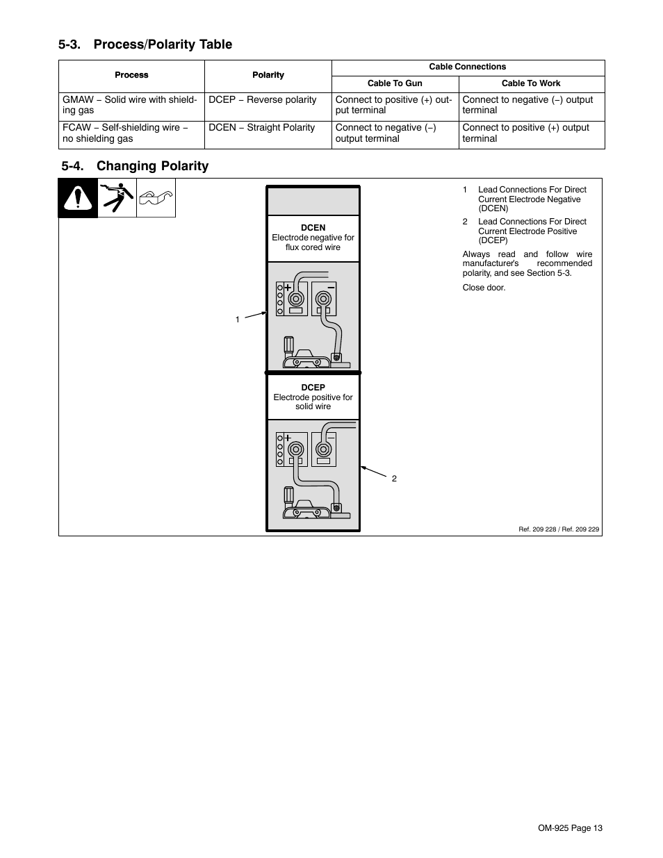 3. process/polarity table, 4. changing polarity | Hobart Welding Products HANDLER 140 User Manual | Page 17 / 52