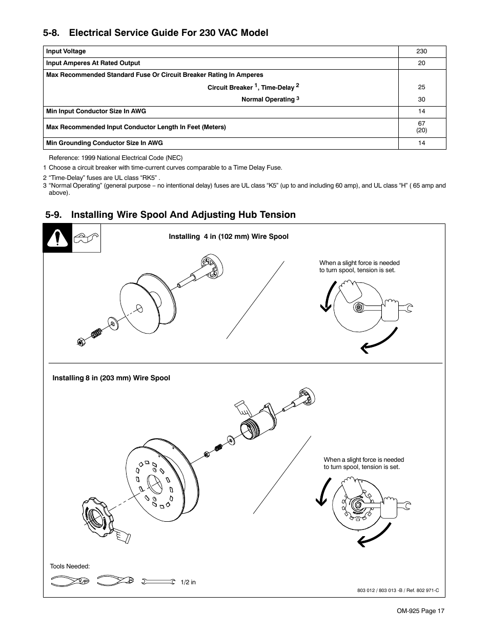 8. electrical service guide for 230 vac model, 9. installing wire spool and adjusting hub tension | Hobart Welding Products HANDLER 140 User Manual | Page 21 / 52
