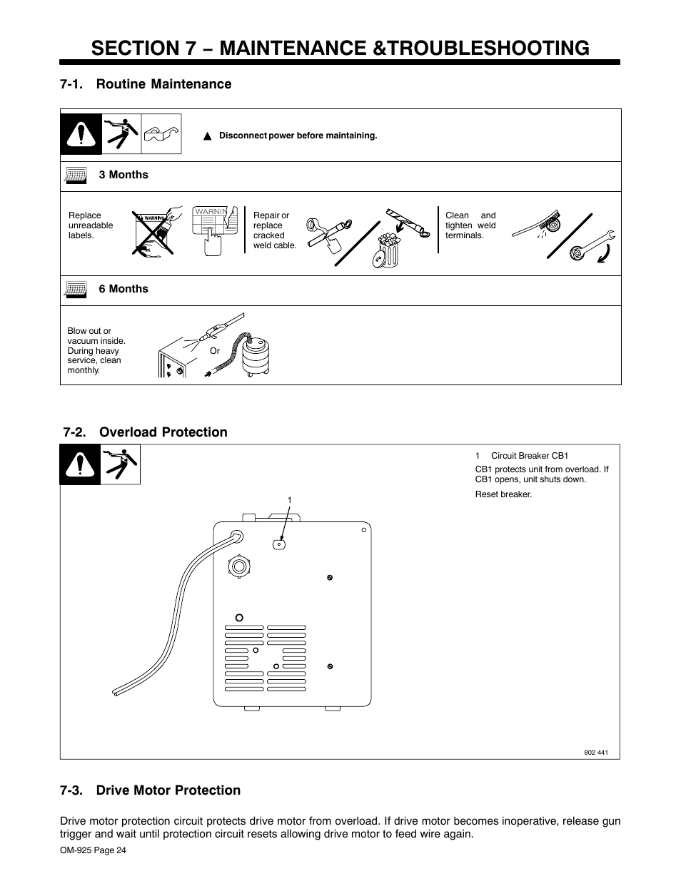 Section 7 − maintenance &troubleshooting, 1. routine maintenance, 2. overload protection | 3. drive motor protection | Hobart Welding Products HANDLER 140 User Manual | Page 28 / 52