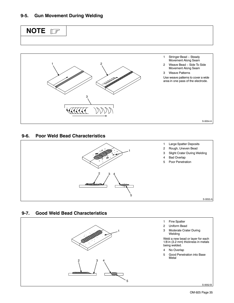 5. gun movement during welding, 6. poor weld bead characteristics, 7. good weld bead characteristics | Hobart Welding Products HANDLER 140 User Manual | Page 39 / 52