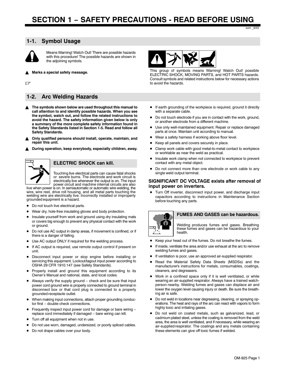 Section 1 − safety precautions - read before using, 1. symbol usage, 2. arc welding hazards | Hobart Welding Products HANDLER 140 User Manual | Page 5 / 52