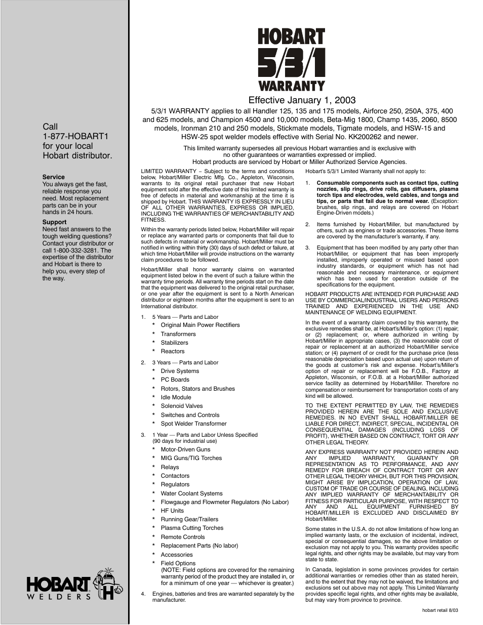 Warranty questions | Hobart Welding Products HANDLER 140 User Manual | Page 51 / 52