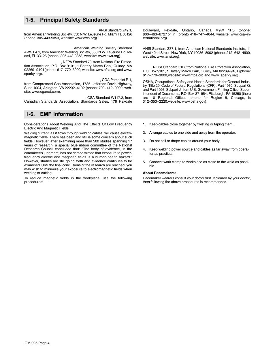 5. principal safety standards, 6. emf information | Hobart Welding Products HANDLER 140 User Manual | Page 8 / 52