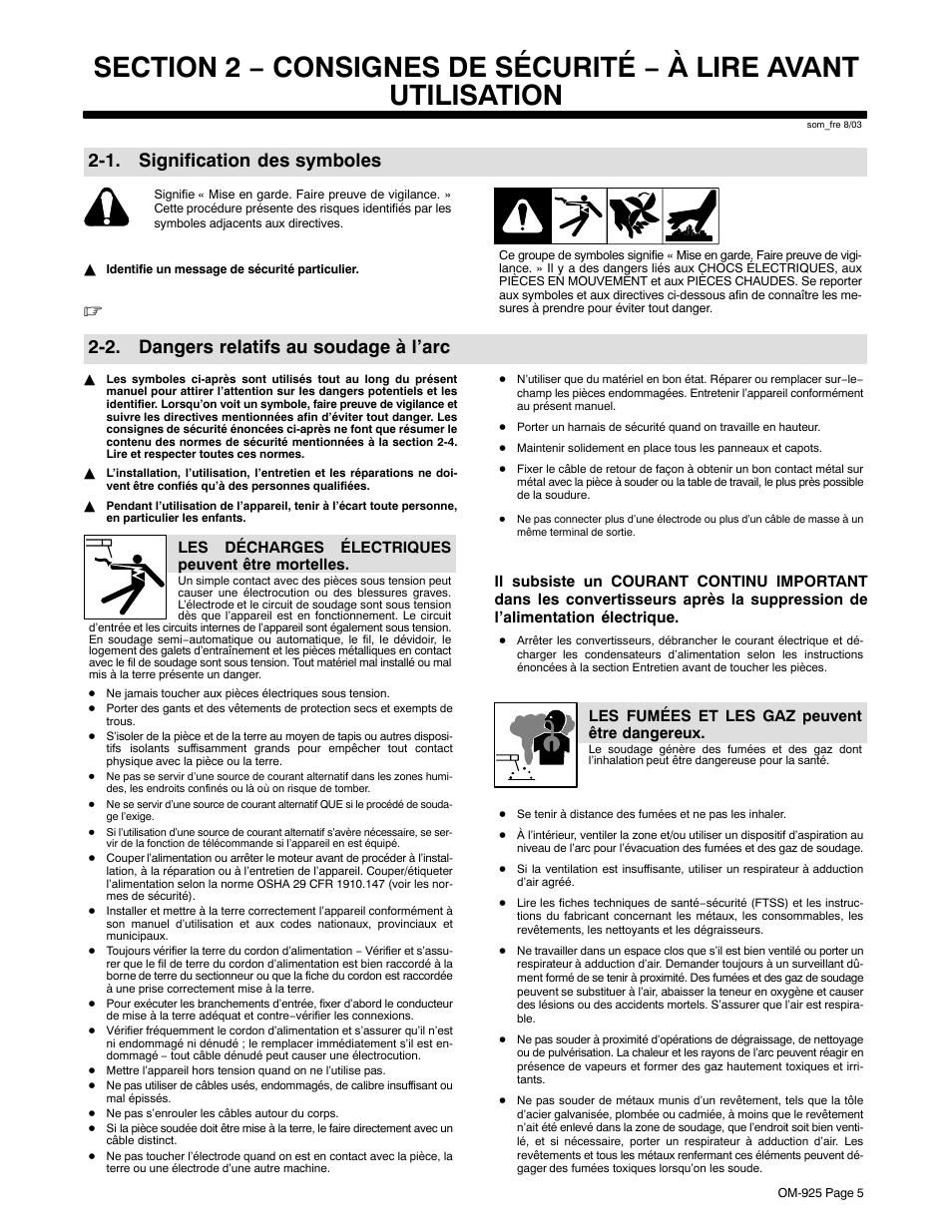 1. signification des symboles, 2. dangers relatifs au soudage à l’arc | Hobart Welding Products HANDLER 140 User Manual | Page 9 / 52