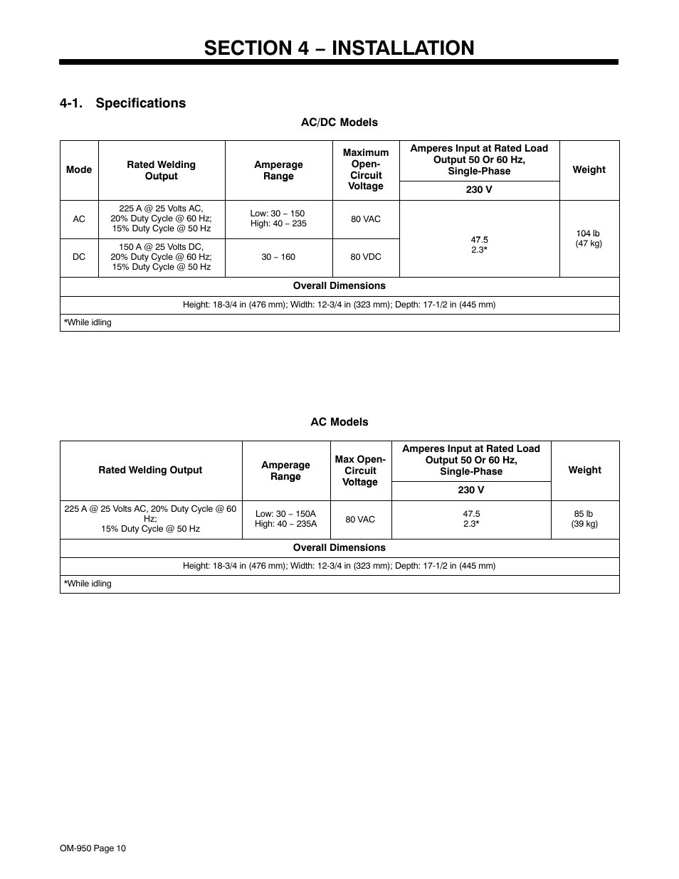 Section 4 − installation, 1. specifications | Hobart Welding Products STICKMATE OM-950 User Manual | Page 14 / 40