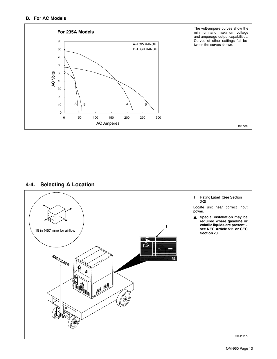 4. selecting a location, B. for ac models, For 235a models | Hobart Welding Products STICKMATE OM-950 User Manual | Page 17 / 40