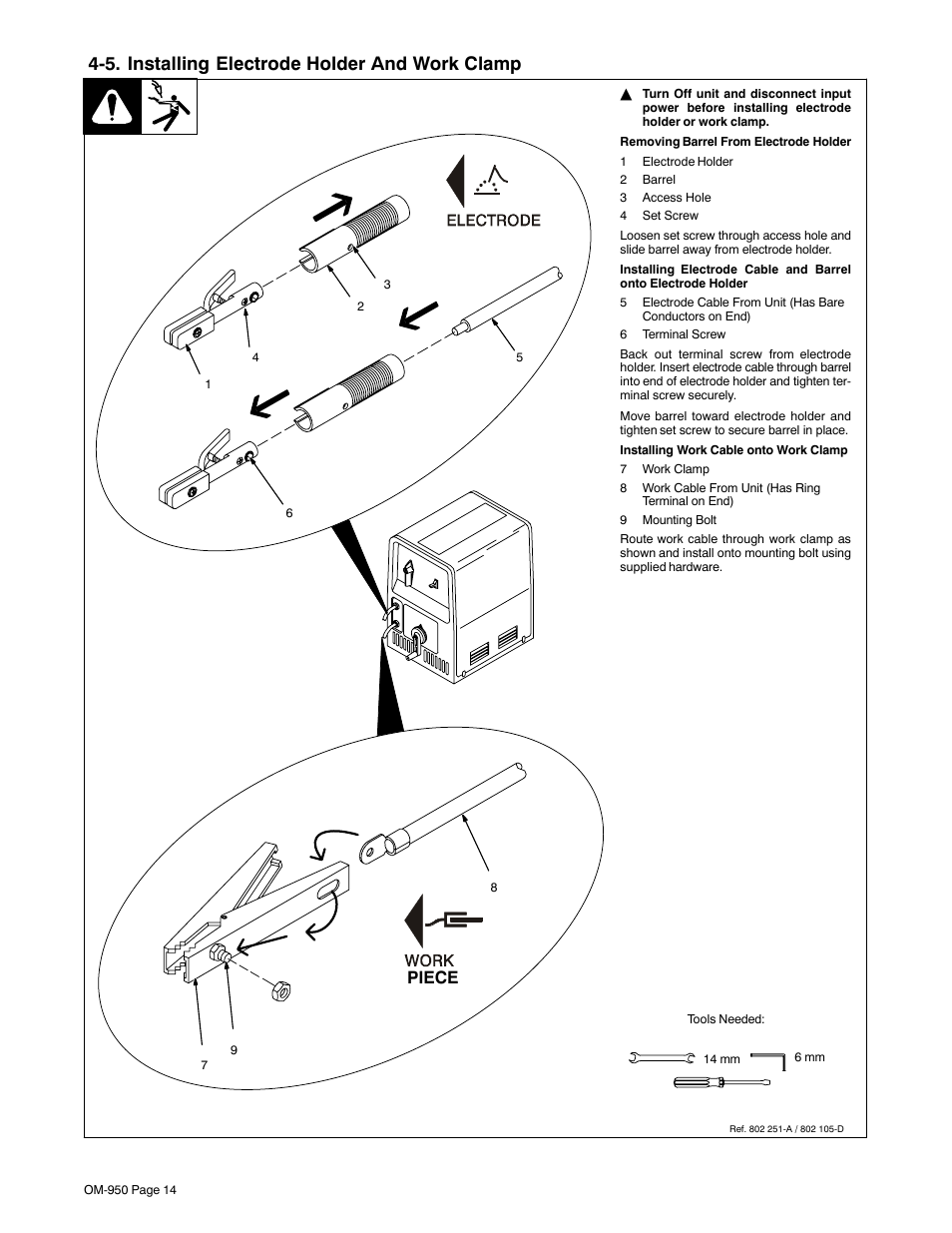 5. installing electrode holder and work clamp, Piece | Hobart Welding Products STICKMATE OM-950 User Manual | Page 18 / 40