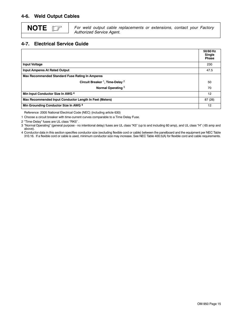 6. weld output cables, 7. electrical service guide | Hobart Welding Products STICKMATE OM-950 User Manual | Page 19 / 40