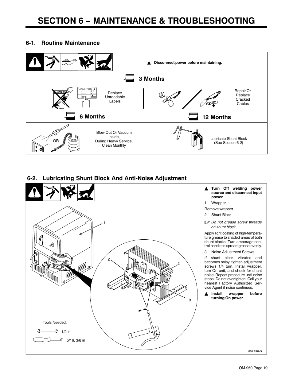 Section 6 − maintenance & troubleshooting, 1. routine maintenance, 3 months | 6 months 12 months | Hobart Welding Products STICKMATE OM-950 User Manual | Page 23 / 40