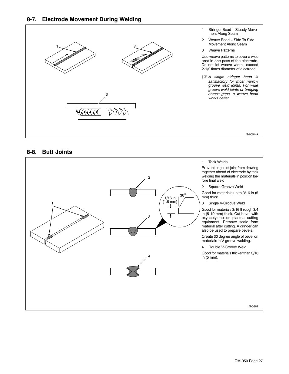 7. electrode movement during welding, 8. butt joints | Hobart Welding Products STICKMATE OM-950 User Manual | Page 31 / 40