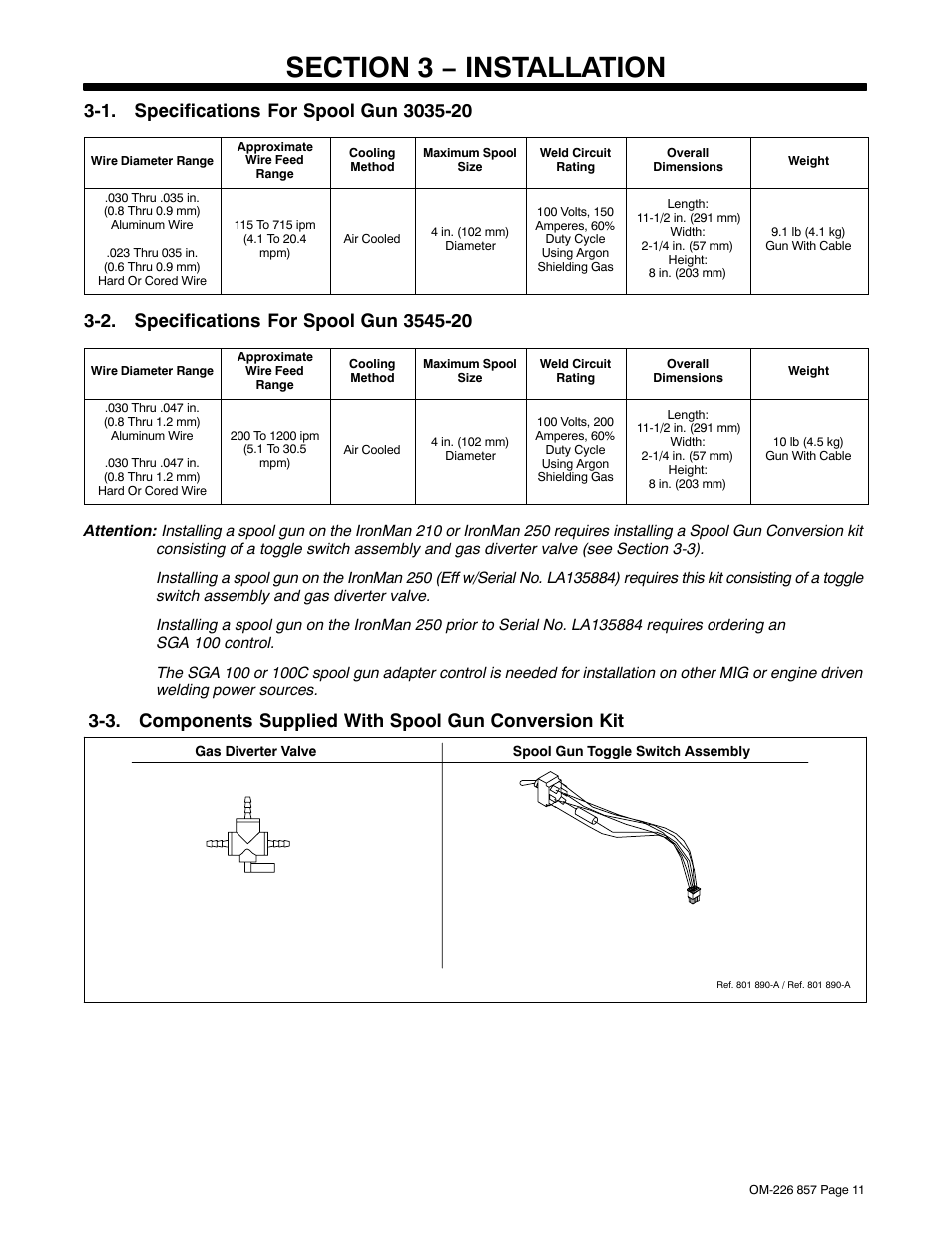 Section 3 − installation, 1. specifications for spool gun 3035-20, 2. specifications for spool gun 3545-20 | Hobart Welding Products 3035-20 User Manual | Page 15 / 32