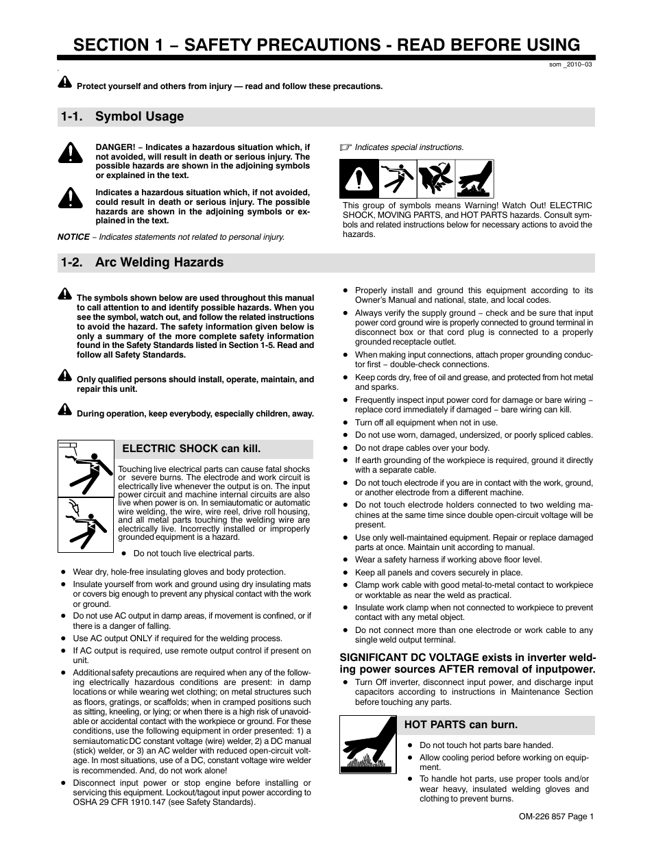 Section 1 − safety precautions - read before using, 1. symbol usage, 2. arc welding hazards | Hobart Welding Products 3035-20 User Manual | Page 5 / 32