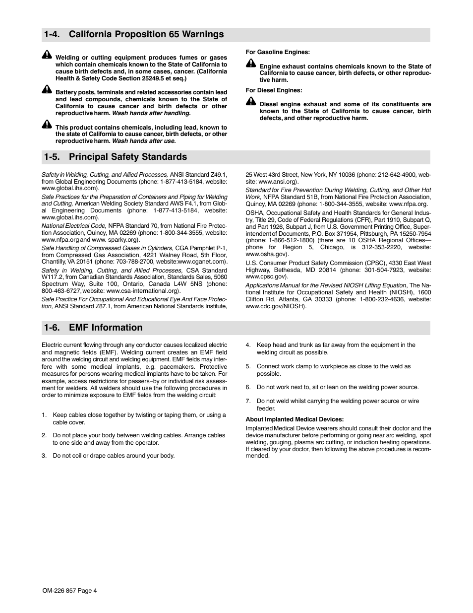 4. california proposition 65 warnings, 5. principal safety standards, 6. emf information | Hobart Welding Products 3035-20 User Manual | Page 8 / 32