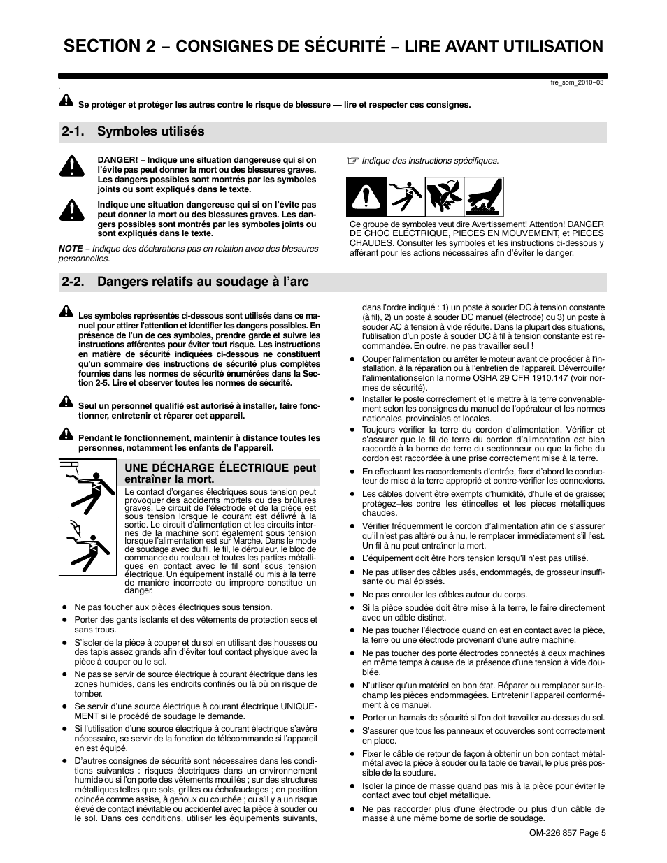 1. symboles utilisés, 2. dangers relatifs au soudage à l’arc, Consignes de sécurité − lire avant utilisation | Hobart Welding Products 3035-20 User Manual | Page 9 / 32