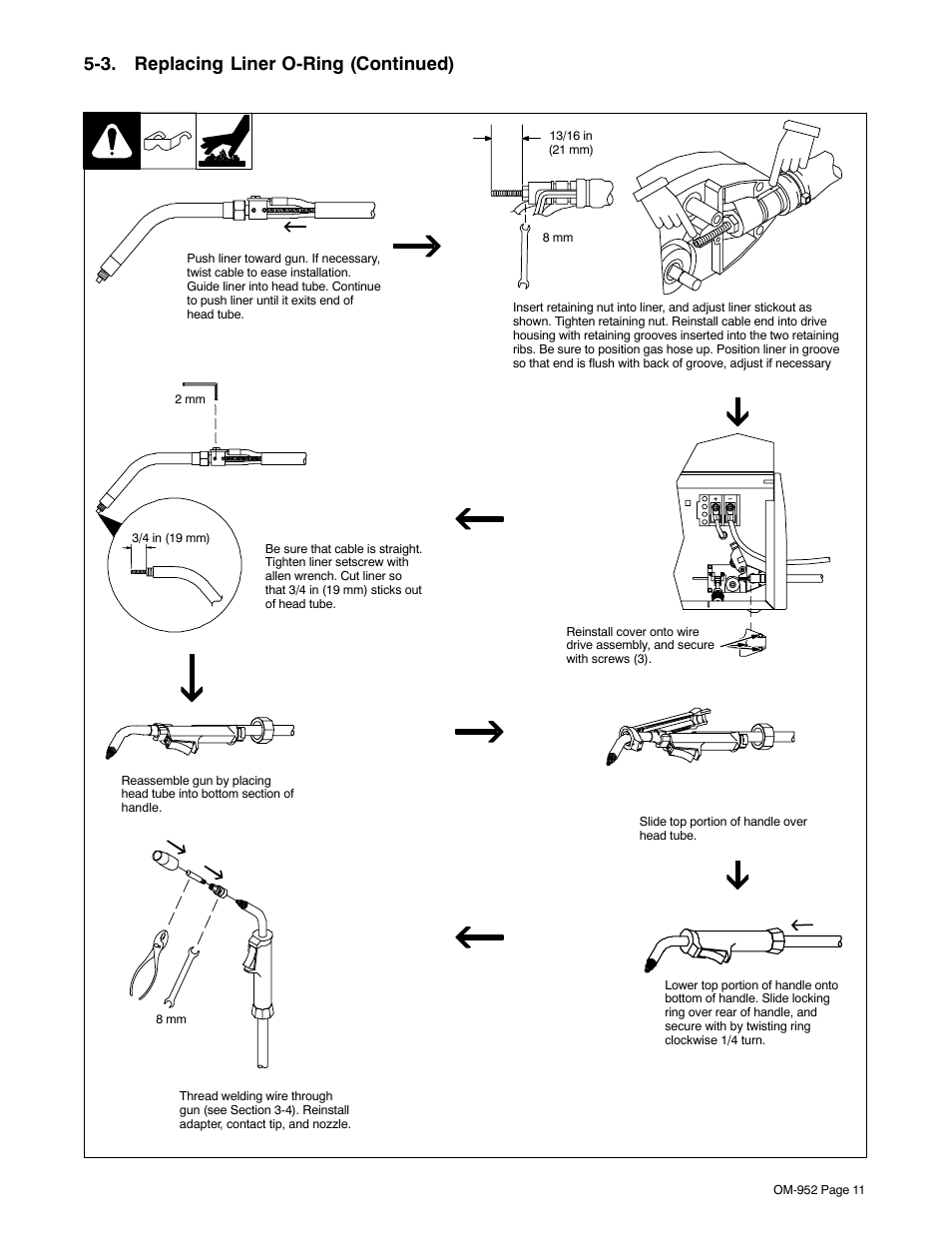 3. replacing liner o-ring (continued) | Hobart Welding Products H-9A Gun User Manual | Page 15 / 24