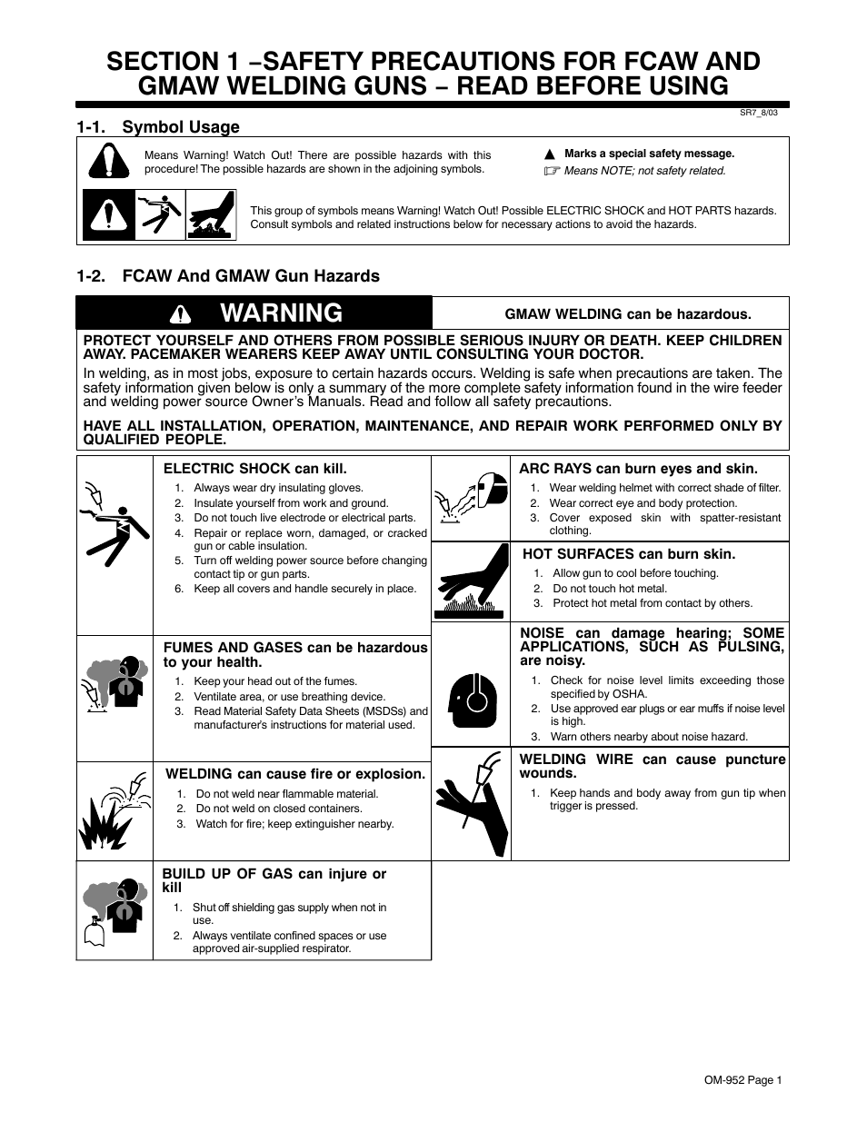 Section 1 −safety precautions for fcaw and, Gmaw welding guns − read before using, 1. symbol usage | 2. fcaw and gmaw gun hazards, Warning | Hobart Welding Products H-9A Gun User Manual | Page 5 / 24