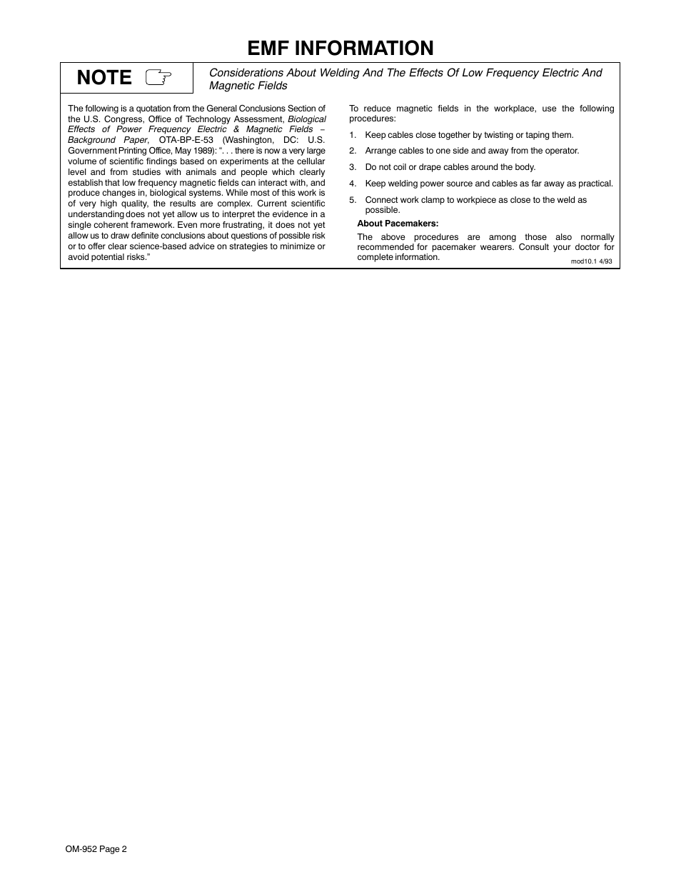 Emf information | Hobart Welding Products H-9A Gun User Manual | Page 6 / 24