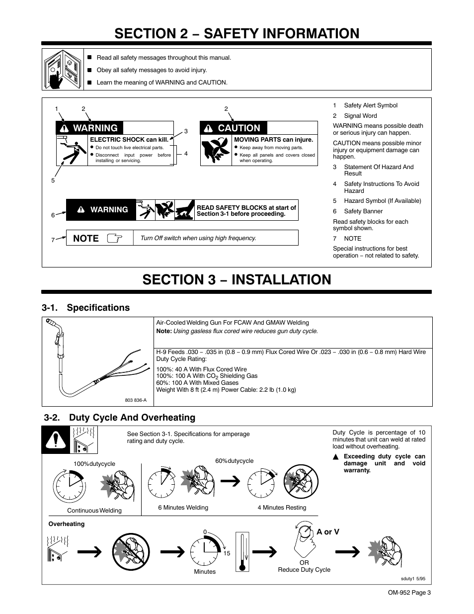 Section 2 − safety information, Section 3 − installation, 1. specifications | 2. duty cycle and overheating, Warning, Caution | Hobart Welding Products H-9A Gun User Manual | Page 7 / 24