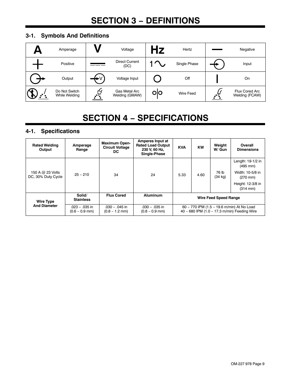 Section 3 − definitions, 1. symbols and definitions, Section 4 − specifications | 1. specifications | Hobart Welding Products HANDLER 210 User Manual | Page 13 / 52