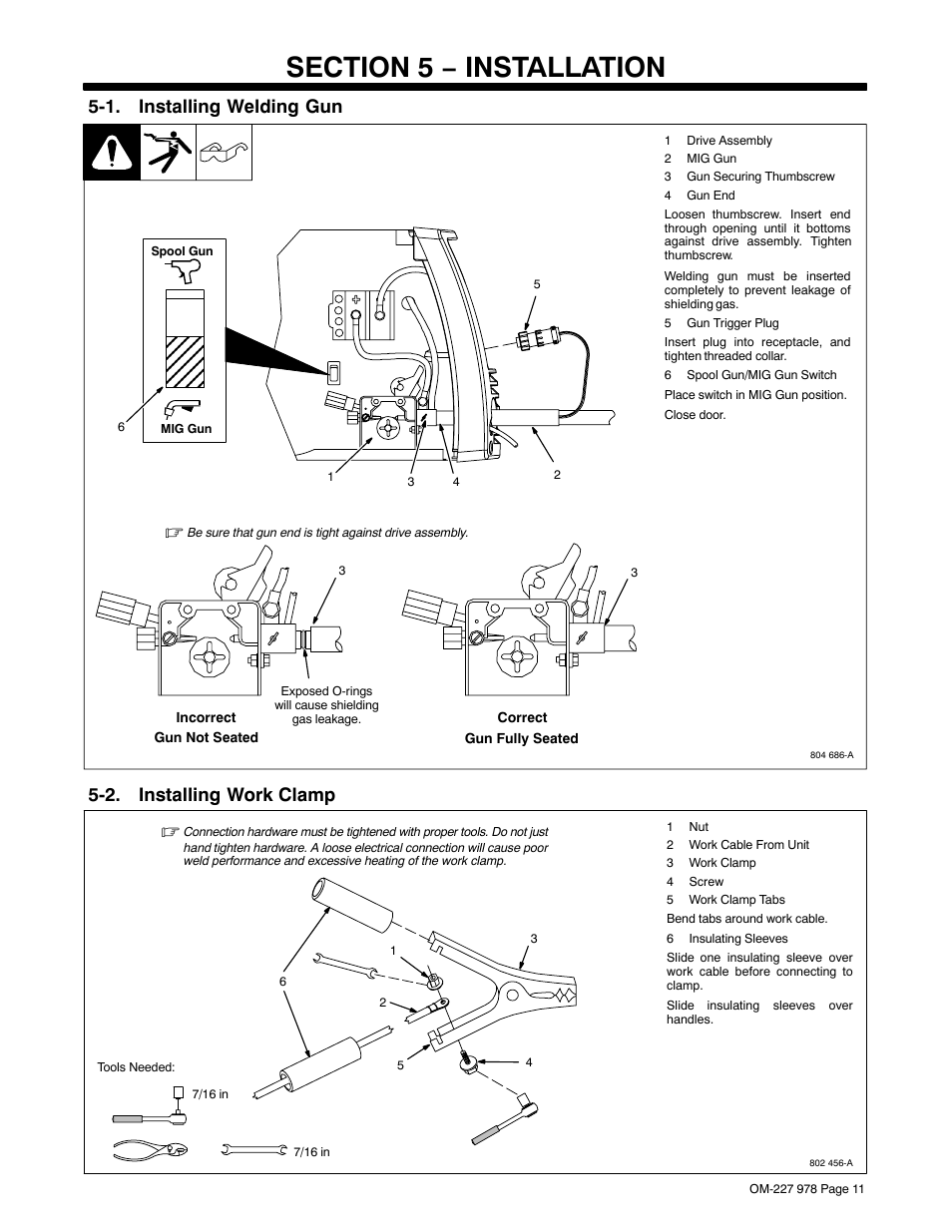 Section 5 − installation, 1. installing welding gun, 2. installing work clamp | Hobart Welding Products HANDLER 210 User Manual | Page 15 / 52