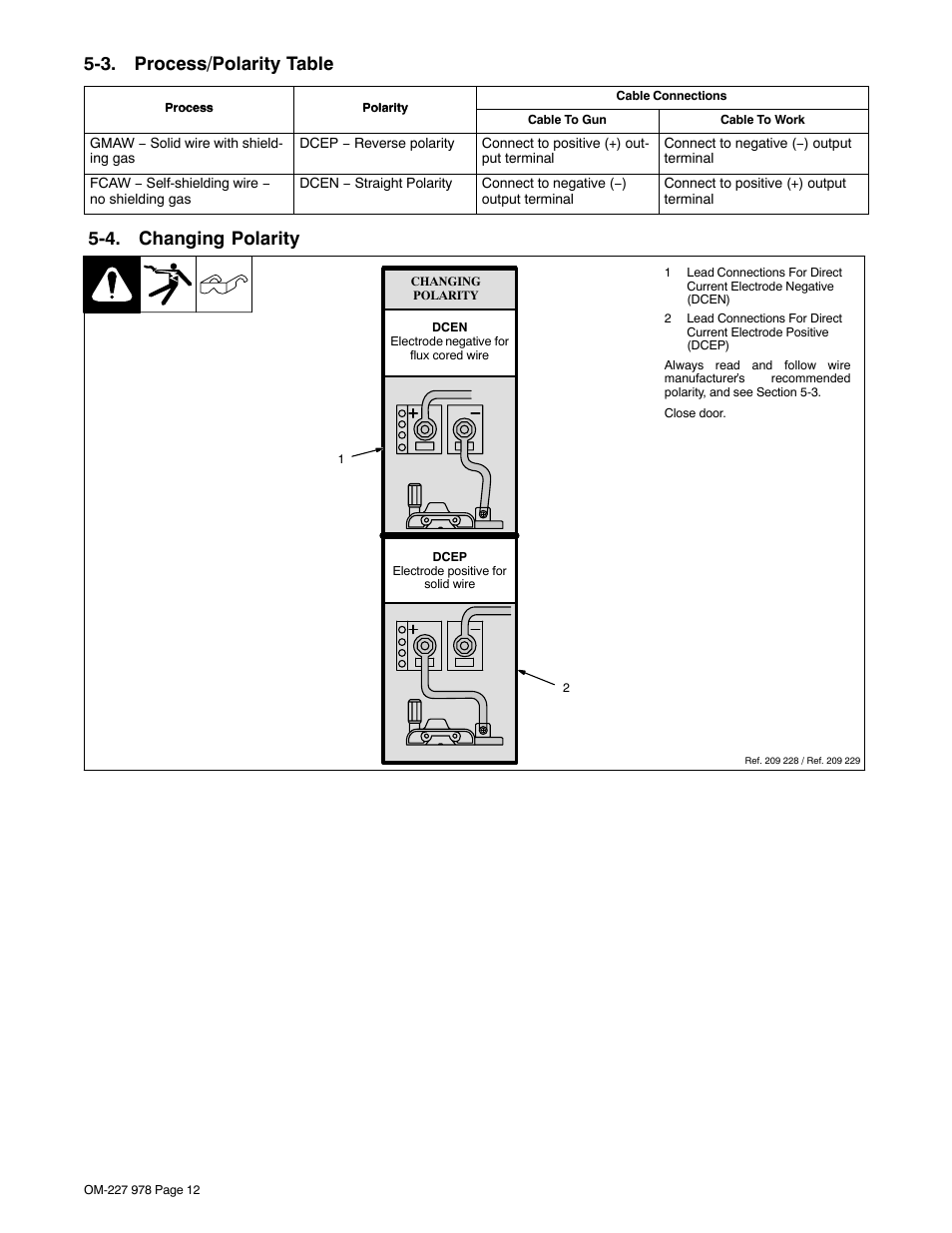 3. process/polarity table, 4. changing polarity | Hobart Welding Products HANDLER 210 User Manual | Page 16 / 52