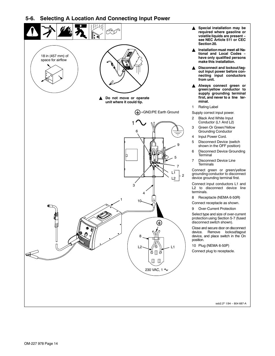 6. selecting a location and connecting input power | Hobart Welding Products HANDLER 210 User Manual | Page 18 / 52