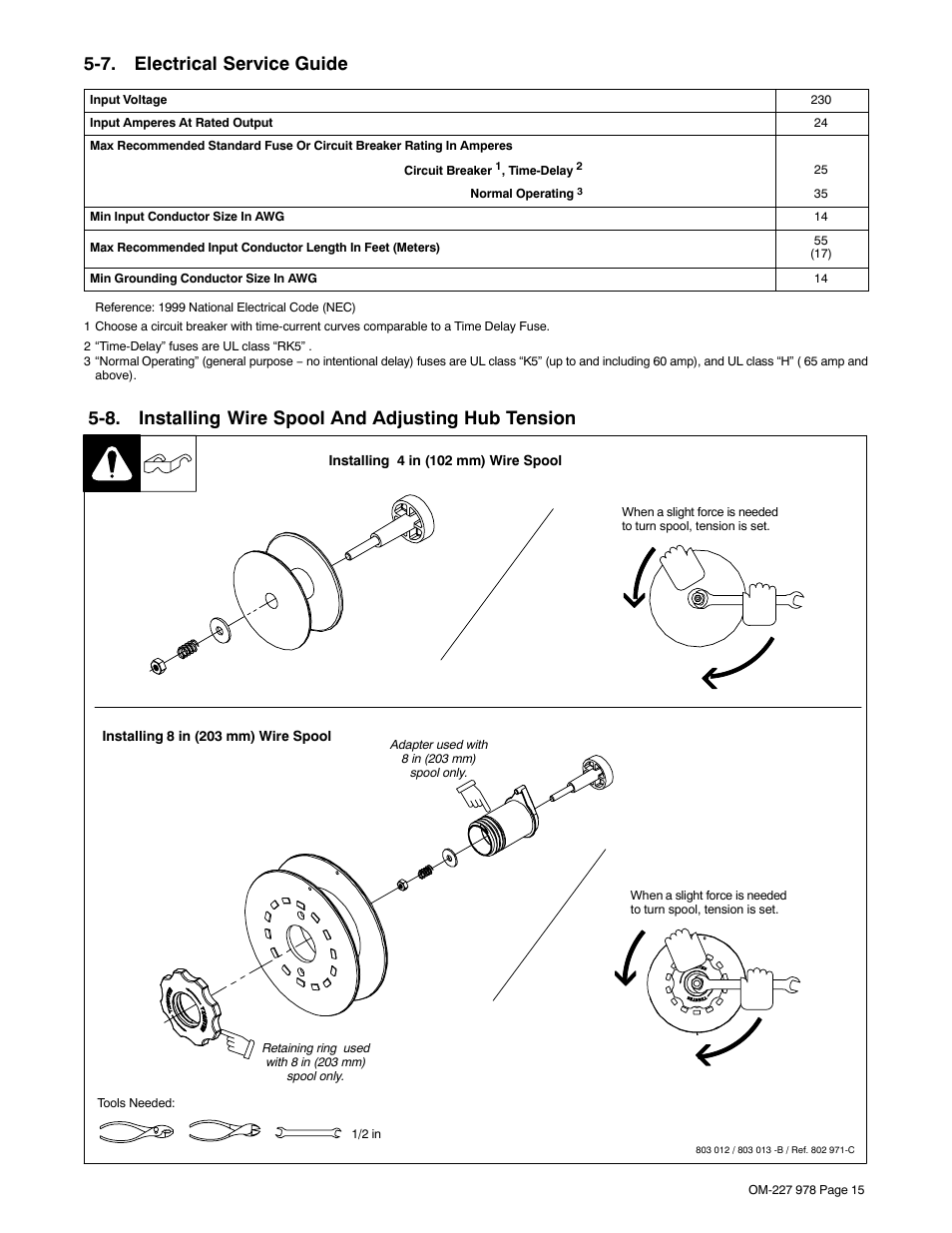 7. electrical service guide, 8. installing wire spool and adjusting hub tension | Hobart Welding Products HANDLER 210 User Manual | Page 19 / 52