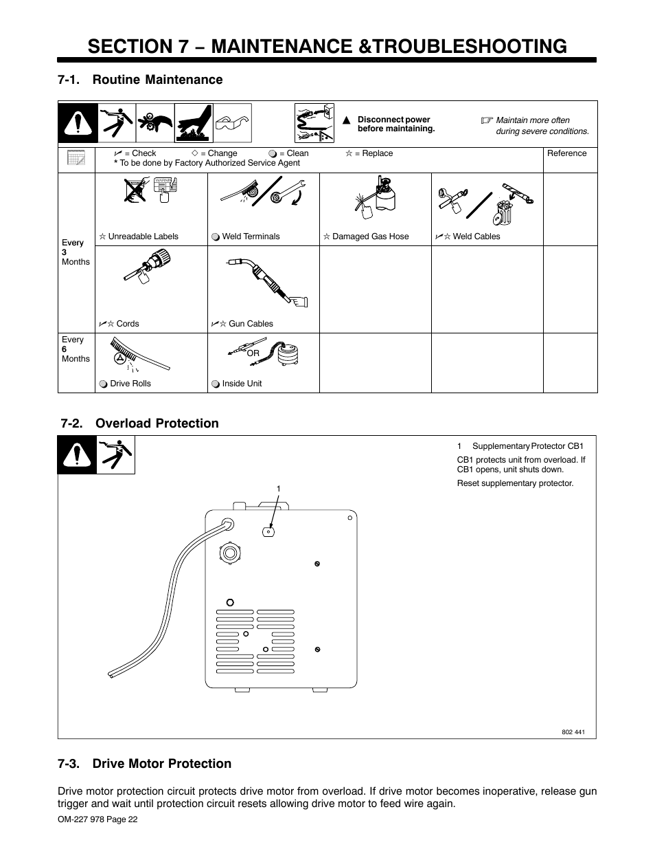 Section 7 − maintenance &troubleshooting, 1. routine maintenance, 2. overload protection | 3. drive motor protection | Hobart Welding Products HANDLER 210 User Manual | Page 26 / 52