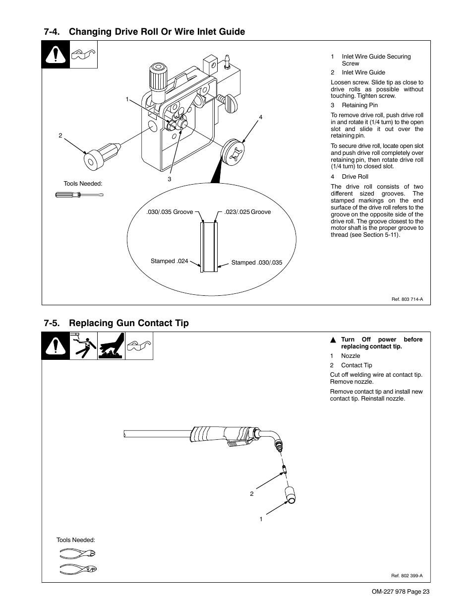 4. changing drive roll or wire inlet guide, 5. replacing gun contact tip | Hobart Welding Products HANDLER 210 User Manual | Page 27 / 52