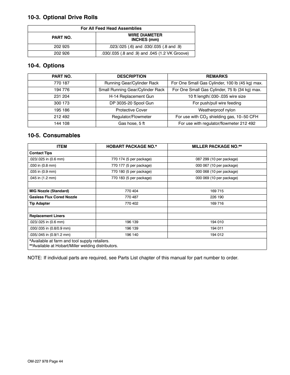 Flux cored slip type (see section 10-5), Contact scr .023 wire x 1.125 (see section 10-5, Contact scr .030 wire x 1.125 (see section 10-5 | Contact scr .035 wire x 1.125 (see section 10-5, Contact scr .045 wire x 1.125 (see section 10-5, Contact tip (see section 10-5), 3. optional drive rolls, 4. options, 5. consumables | Hobart Welding Products HANDLER 210 User Manual | Page 48 / 52