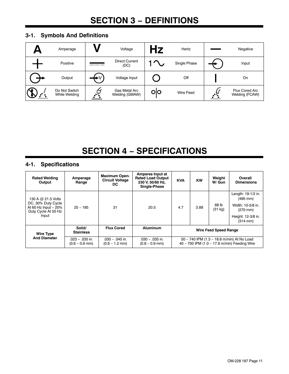 Section 3 − definitions, 1. symbols and definitions, Section 4 − specifications | 1. specifications | Hobart Welding Products 187 User Manual | Page 15 / 52