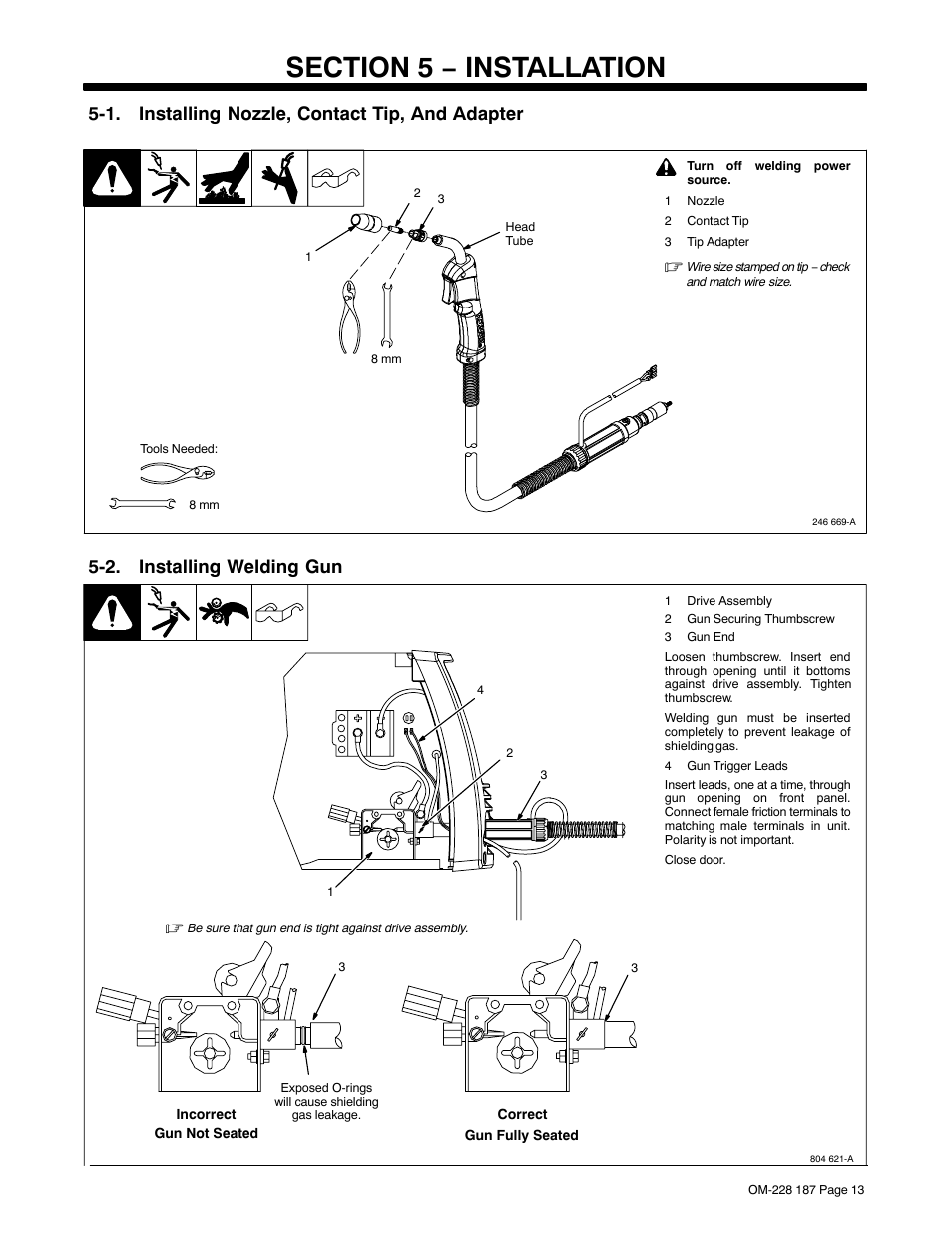 Section 5 − installation, 1. installing nozzle, contact tip, and adapter, 2. installing welding gun | Hobart Welding Products 187 User Manual | Page 17 / 52