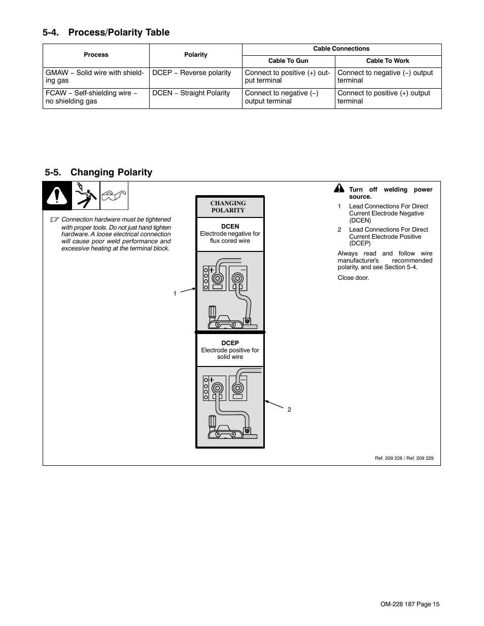 4. process/polarity table, 5. changing polarity | Hobart Welding Products 187 User Manual | Page 19 / 52