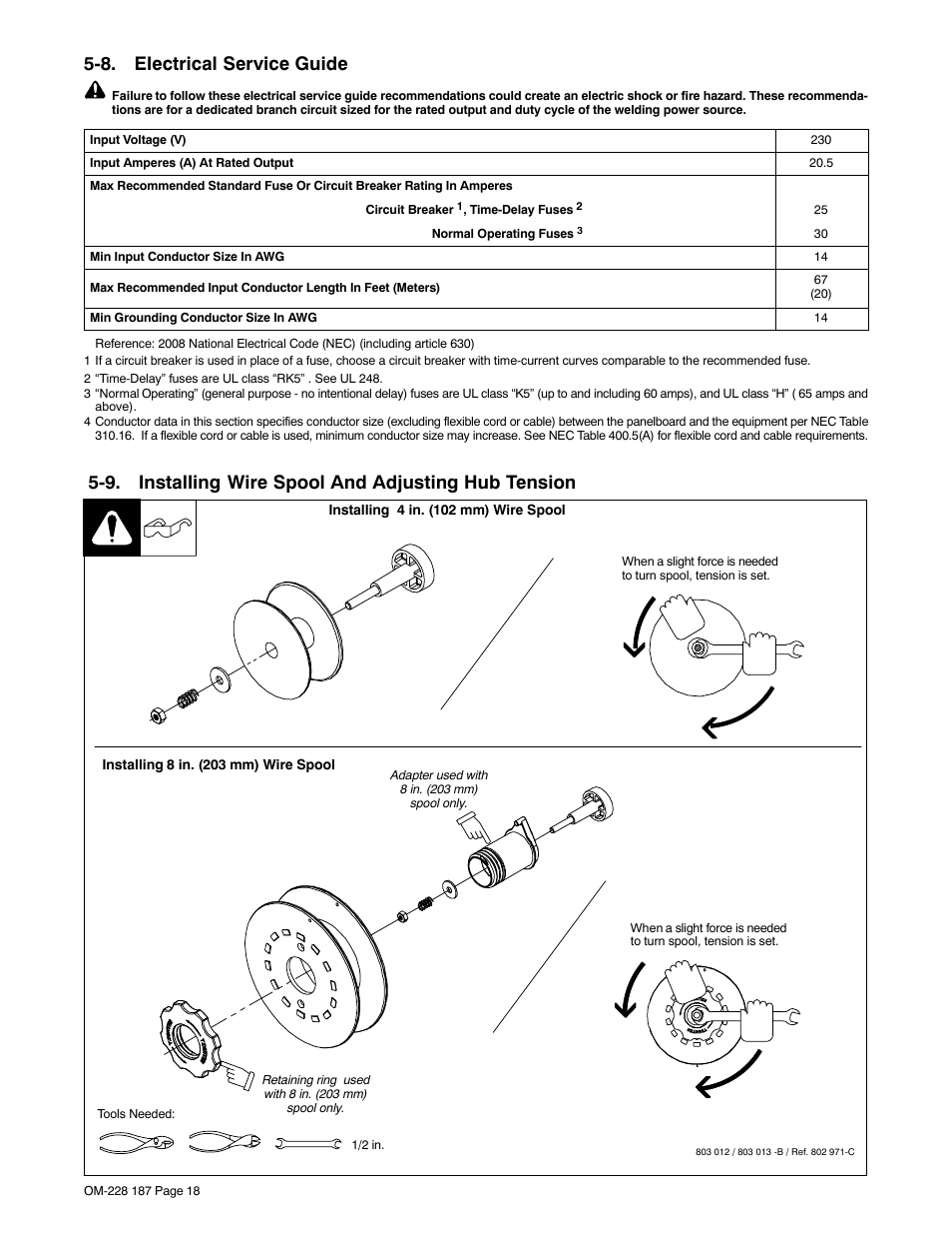 8. electrical service guide, 9. installing wire spool and adjusting hub tension | Hobart Welding Products 187 User Manual | Page 22 / 52