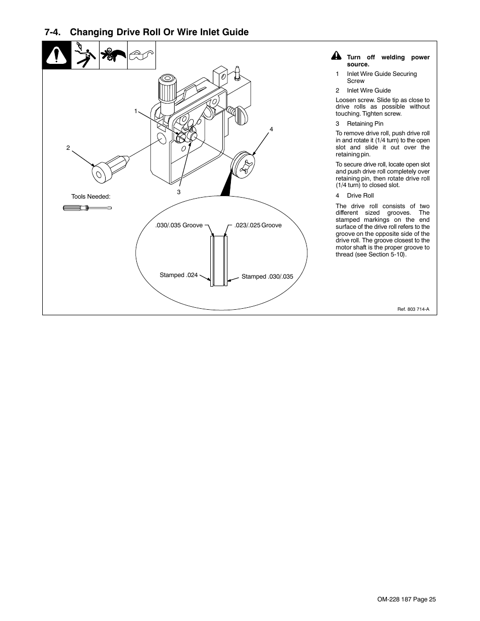 4. changing drive roll or wire inlet guide | Hobart Welding Products 187 User Manual | Page 29 / 52