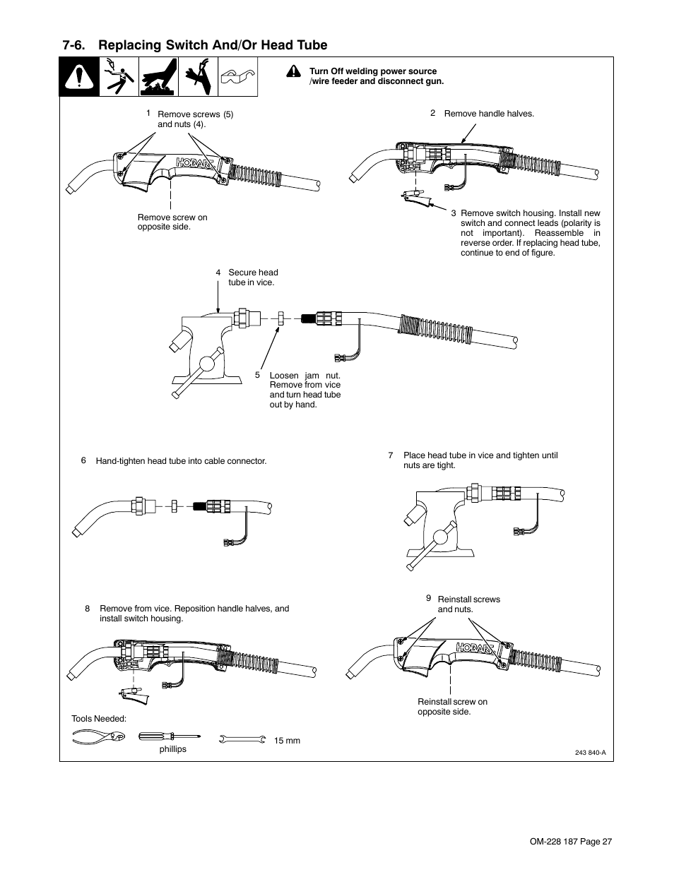 6. replacing switch and/or head tube | Hobart Welding Products 187 User Manual | Page 31 / 52