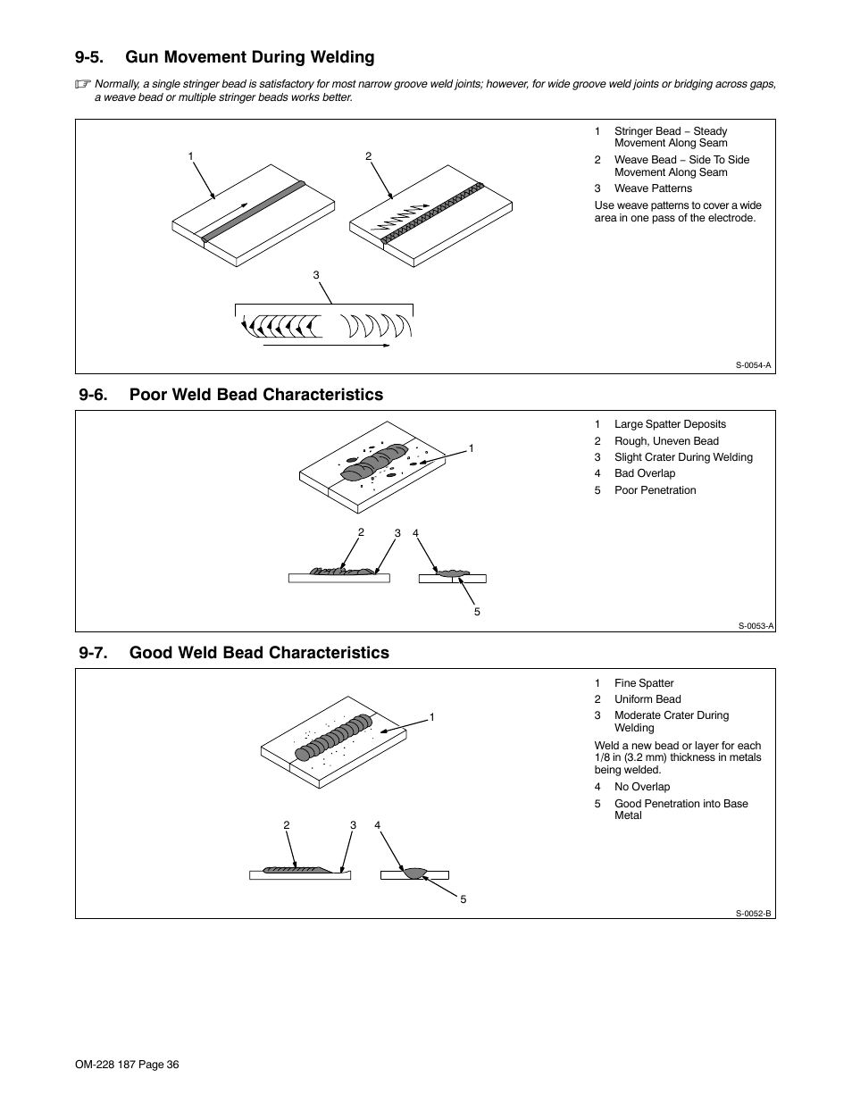 5. gun movement during welding, 6. poor weld bead characteristics, 7. good weld bead characteristics | Hobart Welding Products 187 User Manual | Page 40 / 52