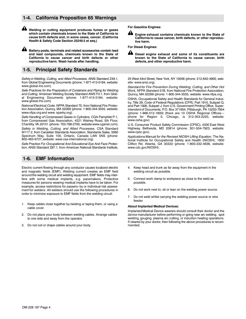 4. california proposition 65 warnings, 5. principal safety standards, 6. emf information | Hobart Welding Products 187 User Manual | Page 8 / 52