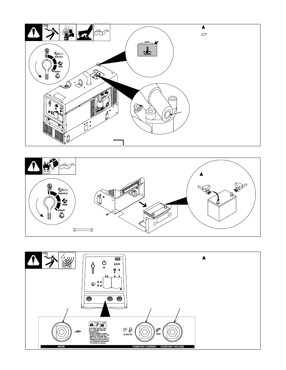 4. adding coolant to radiator, 5. connecting the battery, 6. connecting to weld output terminals | Hobart Welding Products ARCSTAR OM-487 User Manual | Page 19 / 60