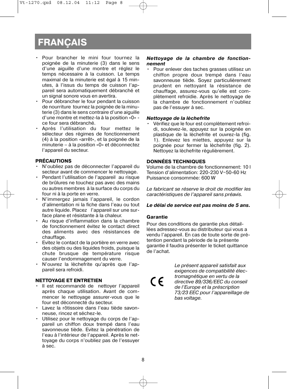 Français | Vitek VT-1270 User Manual | Page 11 / 32