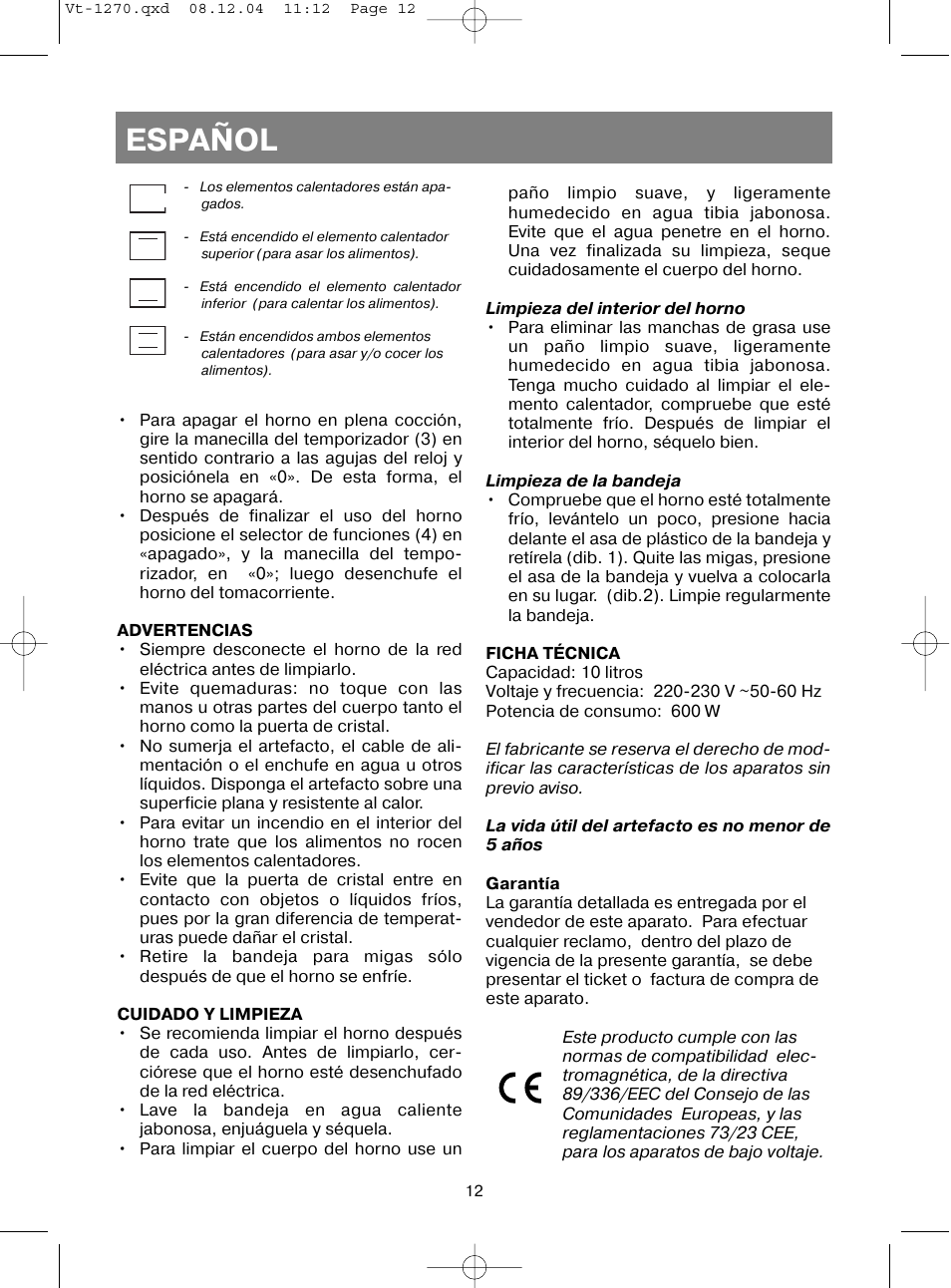 Español | Vitek VT-1270 User Manual | Page 15 / 32