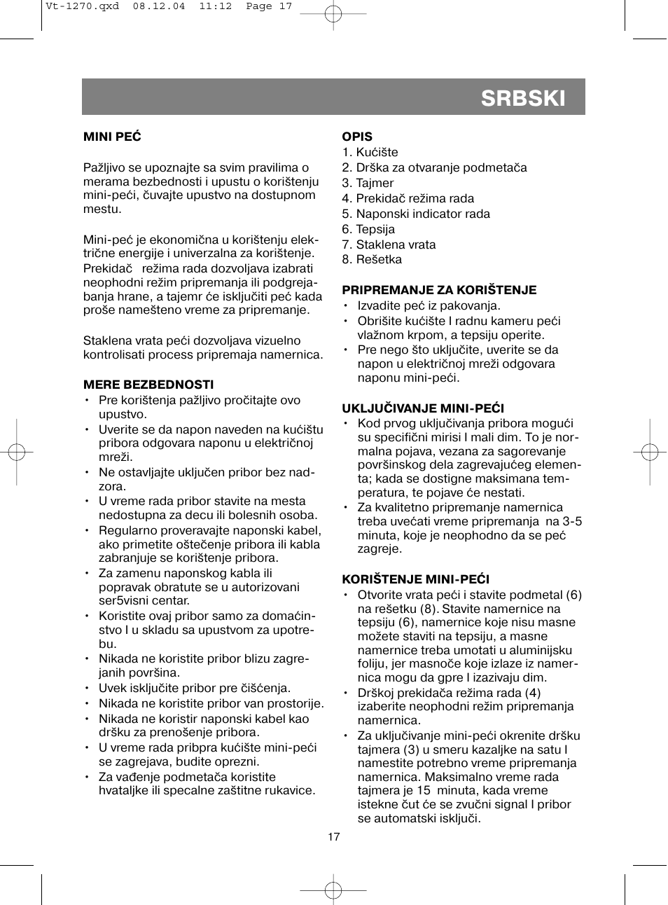 Srbski | Vitek VT-1270 User Manual | Page 20 / 32
